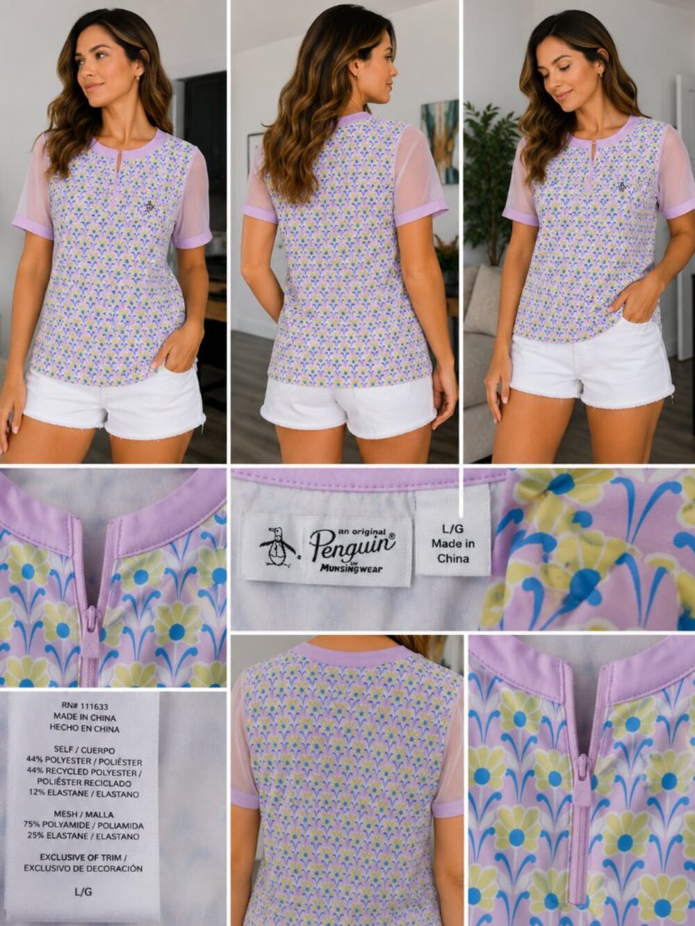 Original Penguin by Munsingwear Retro Floral Mesh Sleeve Top Size Large